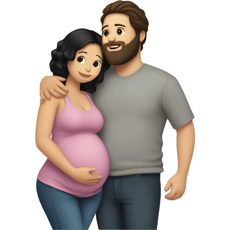 Pregnant Woman with black hair hugging boyfriend with Brown Hair and beard emoji