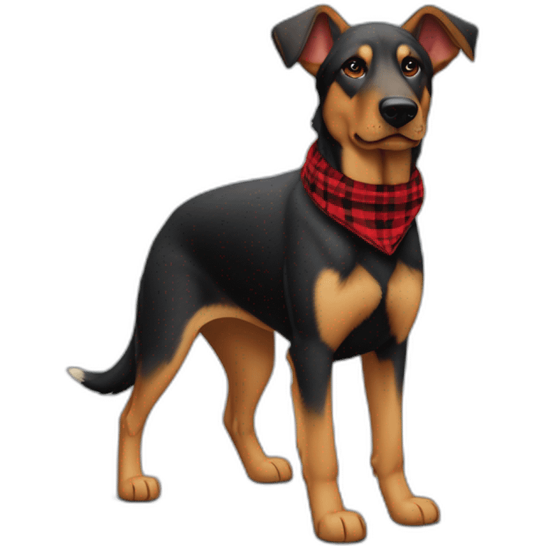 75% Coonhound 25% German Shepherd mix dog wearing small pointed red buffalo plaid bandana pointing down side view full body facing left emoji