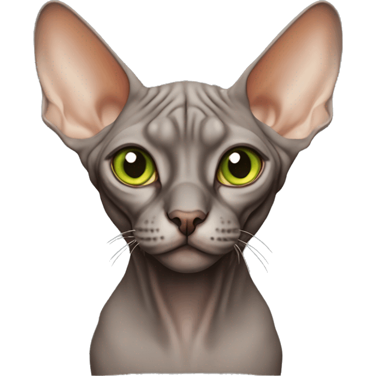 Dark brown Gray sphynx cat , orange nose , light green eyes  emoji