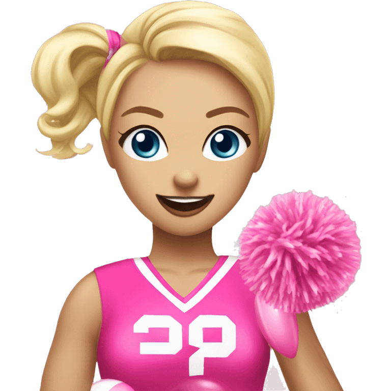 blonde cheerleader wearing pink uniform holding pink pompoms blowing pink bubble of gum emoji