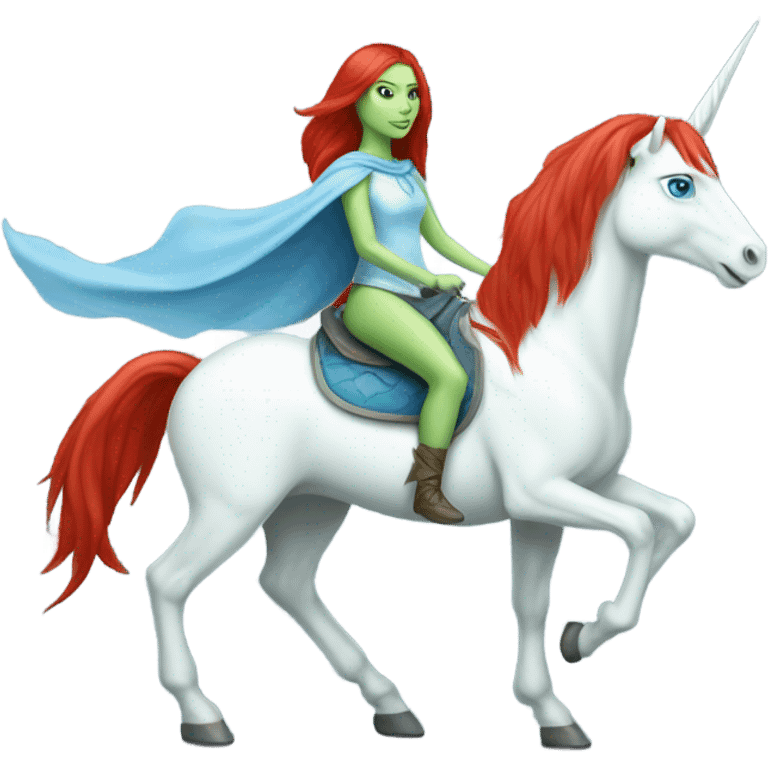 [
	{ a light green Amazon alien woman [ with red hair, with blue eyes]} 
	on a 
	[{ unicorn: white, six-legged, mane: light blue }] emoji