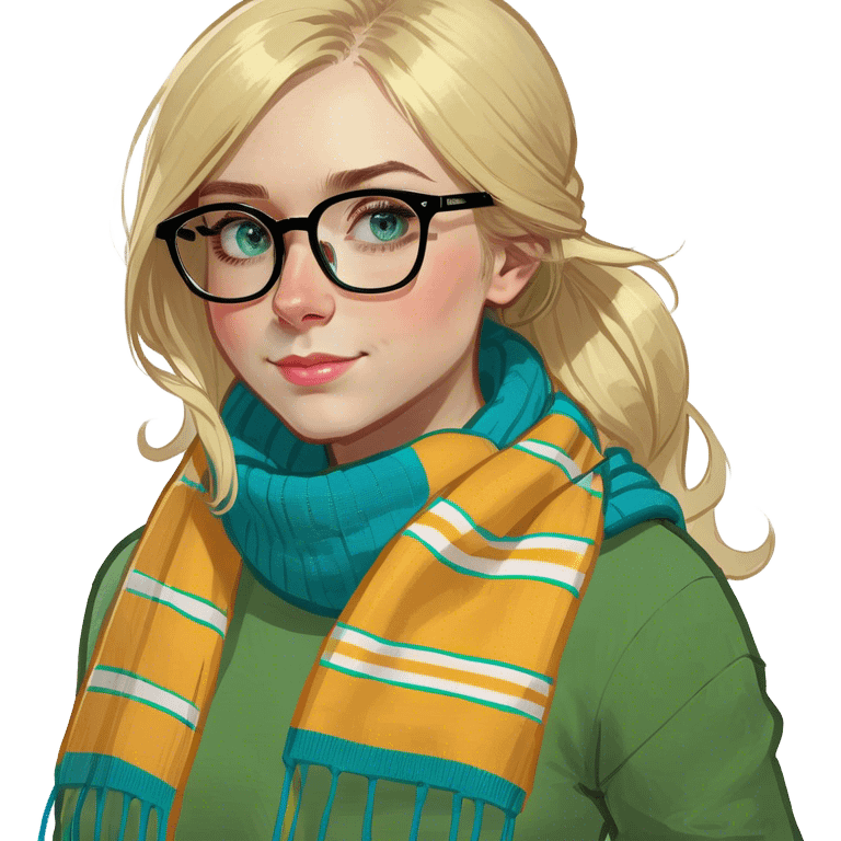 A girl with blue eyes, blond hair and glasses  emoji