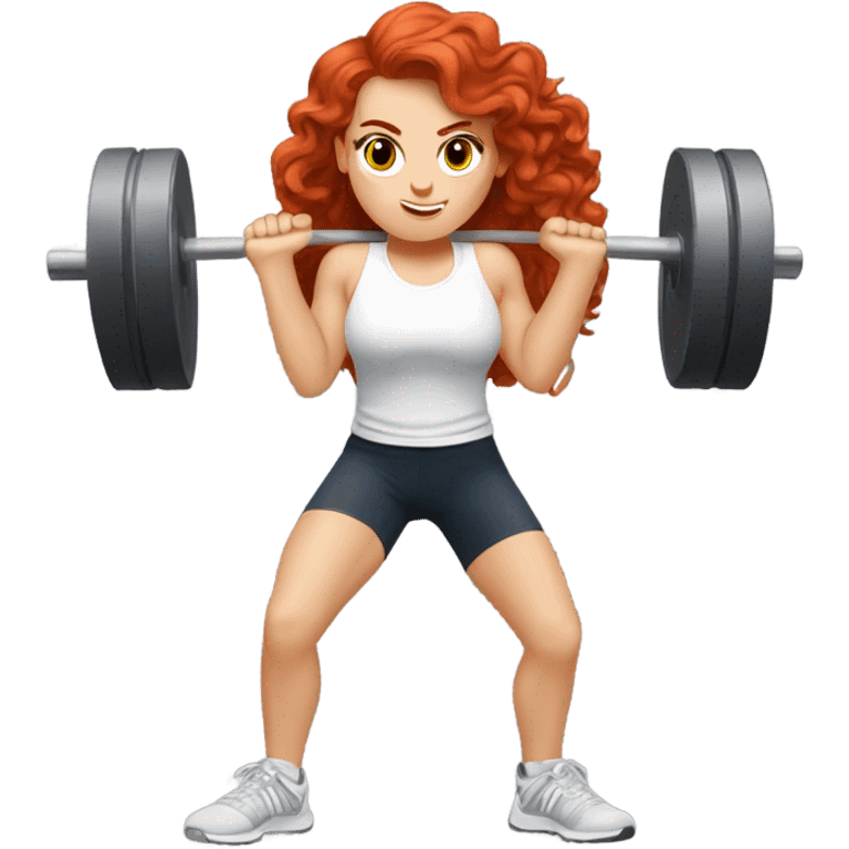 Sporty white Girl coach with long curly red hair doing squat with heavy weights emoji