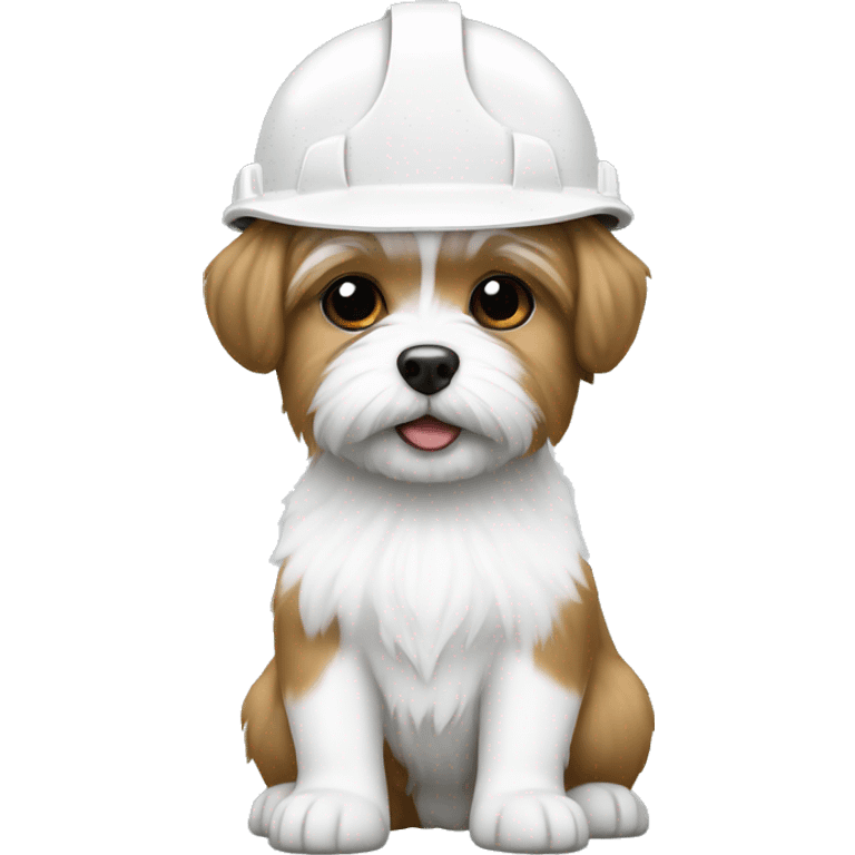 White shorkie wearing white hard hat emoji