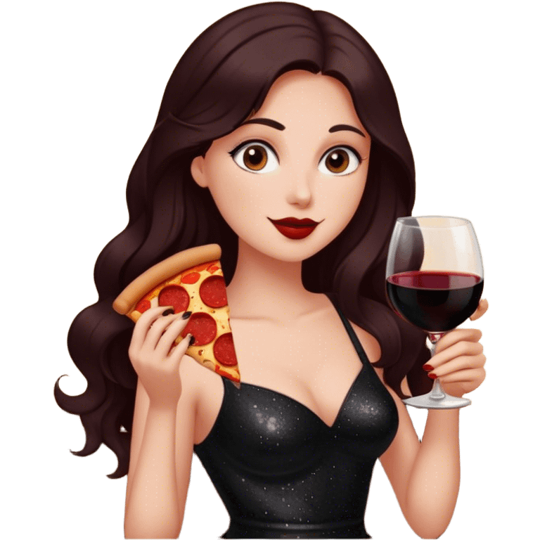 Beautiful woman in 1950’s woman fashion look, black shimmery dress, long dark brown hair, red wine, Pepperoni pizza emoji