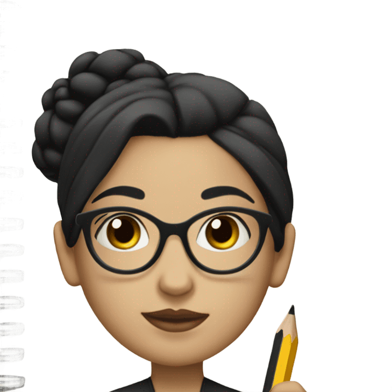 A woman with Black hair with a bun in the top of her head, she has glasses, she is writing a note on her notebook, we can see her pencil, she has white skin emoji