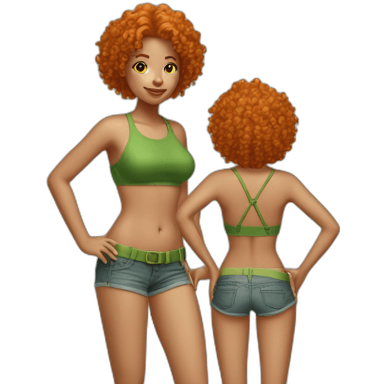 Woman with short orange Curly hair and a green bikini top and Jean shorts emoji