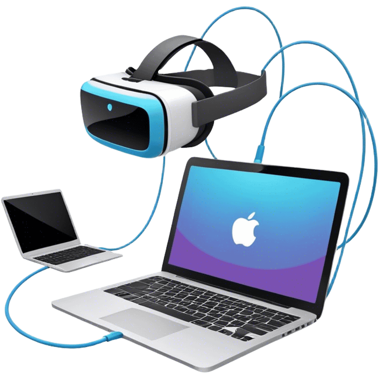 An emoji of VR/AR technology. VR headset connected by a wire to a laptop, symbolizing the development process. Floating 3D models or virtual objects to indicate interaction with the technology. Use modern, tech-inspired colors. Do not include any emojis or smiley faces. background transparent. emoji