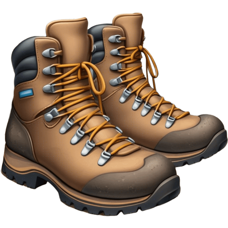 Cinematic Realistic Hiking Boots, well-worn leather boots resting on a rocky trail, scuffed edges and dirt-speckled laces adding character, glowing softly under the dappled sunlight filtering through the trees. emoji