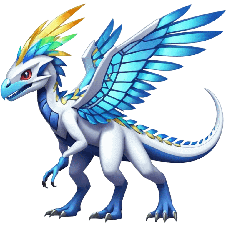 Shiny Futuristic Celestial Magical Ethereal Fakemon-HeadFeathers-Pokemon-Digimon-Spectrobes-Raptor-Dinosaur-fusion, full body emoji