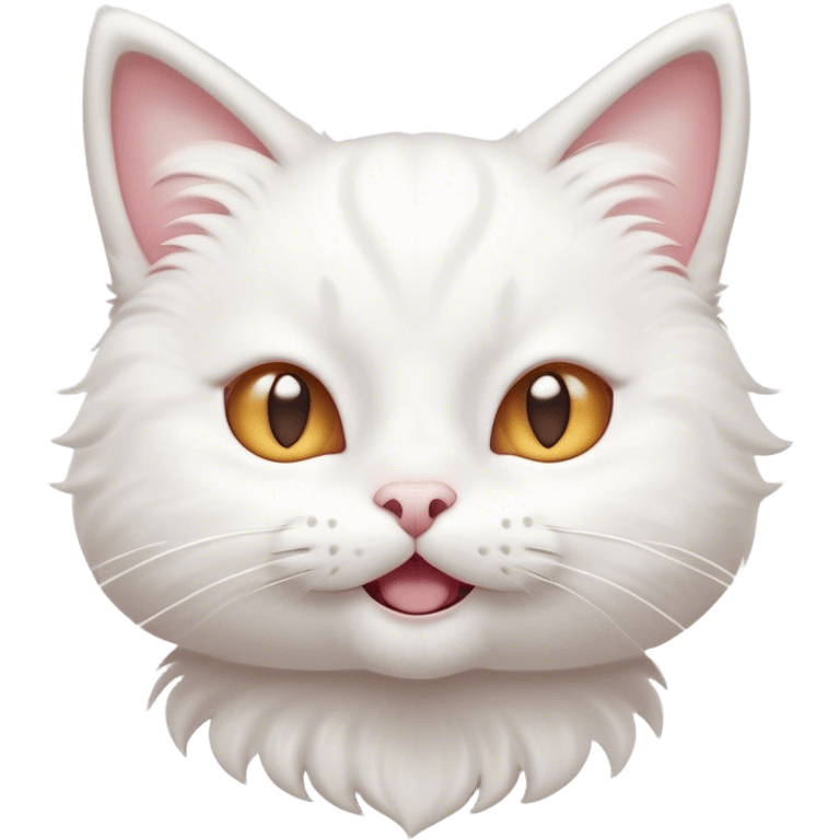 Cinematic Comical White Cat Portrait Emoji, Head tilted in an exaggerated, surprised manner with wide, sparkling eyes, showcasing a pristine white fur with subtle hints of silver and an animated, goofy expression, simplified yet whimsically detailed, glowing with a playful, bright radiance, high shine, exuding a lighthearted and comical charm, styled with a soft glowing outline, capturing the essence of a white cat that looks ready to prance comically off the screen! emoji