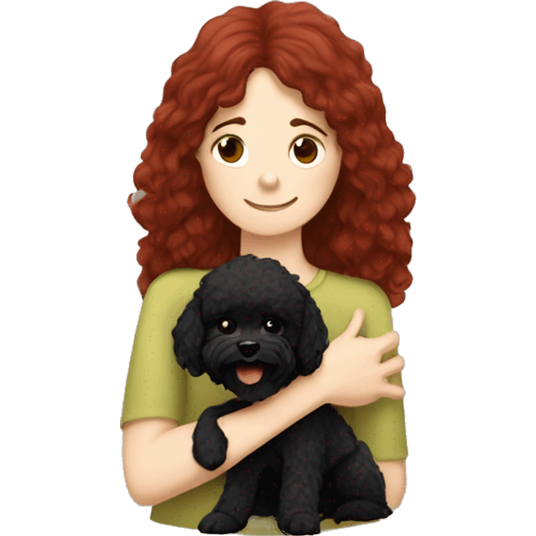 Dark-red-haired girl hugs  her Maltipoo-Black-dog emoji