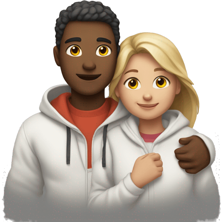 An emoji of a man wearing a white hoodie, standing next to his sister. He is hugging her warmly, showing a close sibling bond emoji