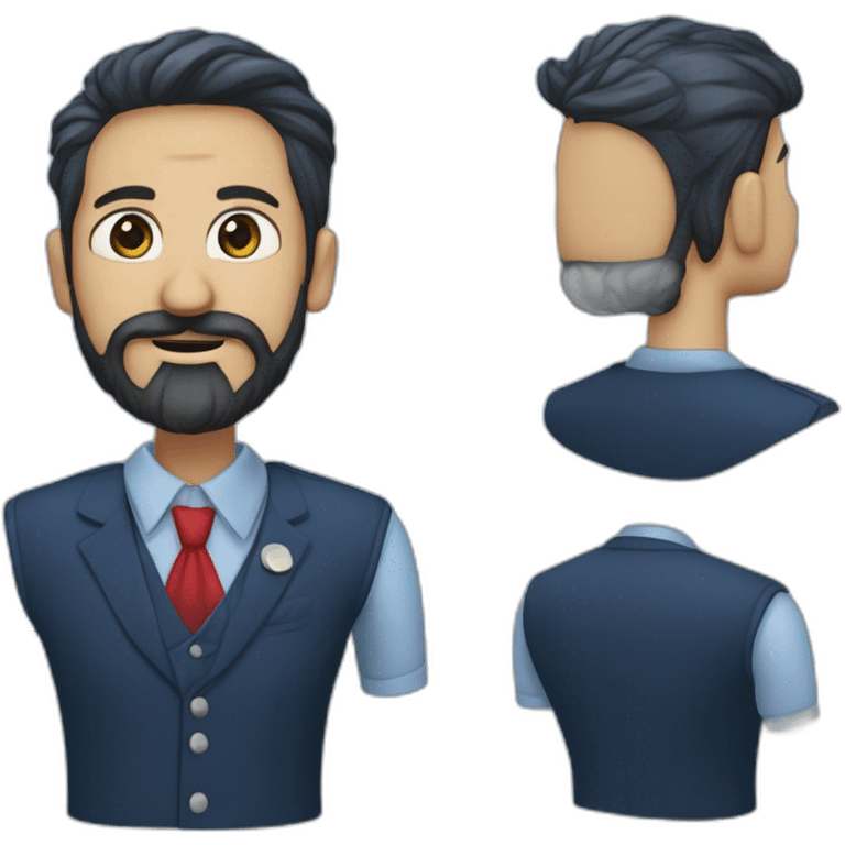 Un barbu de 40 ans avec cheveux noirs et barbe noire,, avec un costume bleu marine, et une cravate rouge et une chemise bleu claire emoji