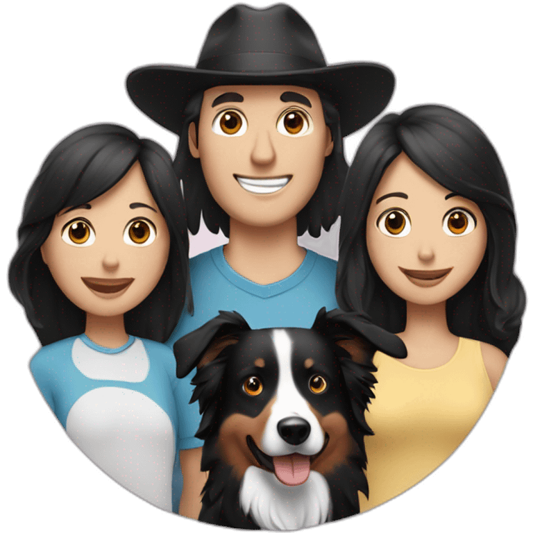 Family formed by a White man on hat and a White woman with long black hair and one small black border collie dog emoji