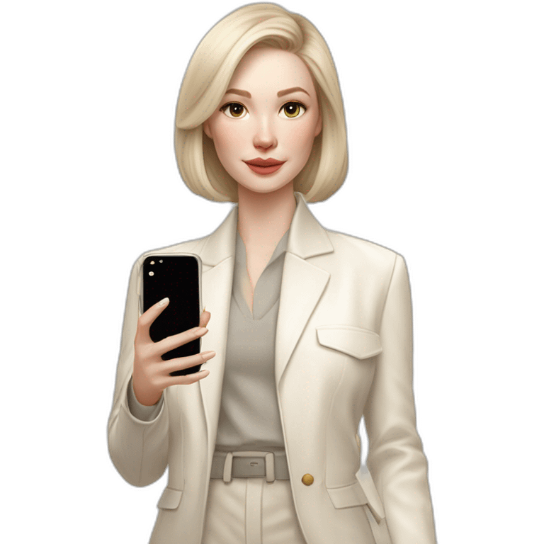 pale skin woman with ash blonde Straightened bob Hair, White Spacious classical jacket, beige palazzo Arrow pants and gray blouse holding white IPhone 15 pro in the hands emoji