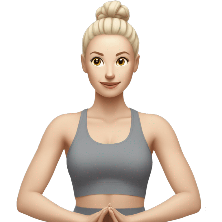 Pale skinned fit woman In a gray tight yoga suit and wristbands With ash blonde hair in a bun doing yoga emoji