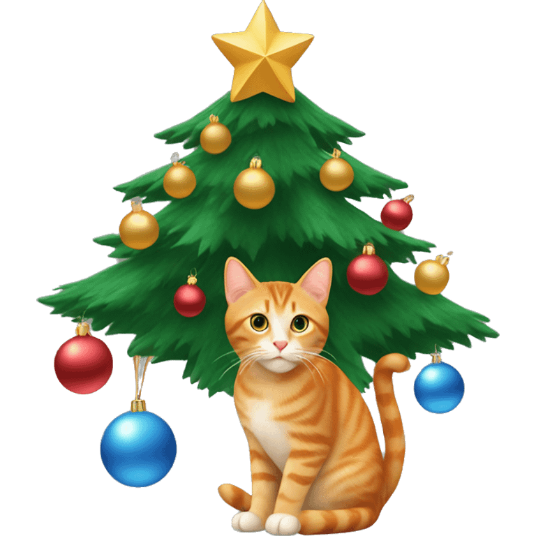 a Christmas tree with baubles and a ginger cat underneath emoji