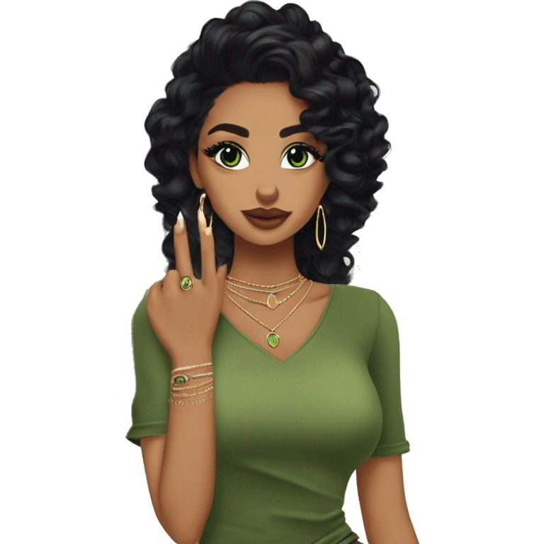 Glamorous, streetwear, black hair, long wavy hair, olive skin, green almond eyes, winged eyeliner with big lashes, wearing hooped earrings, rings and bracelets, almond fake nails emoji