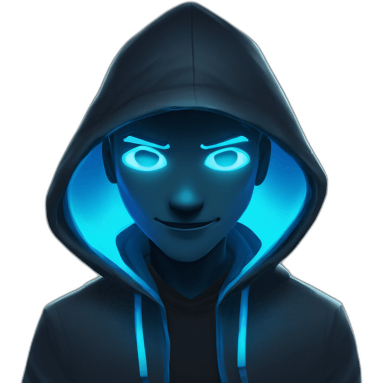 developer behind his laptop with this style : Riot Games Valorant neon blue eyes glowing bright blue character blue black hooded assassin themed character emoji