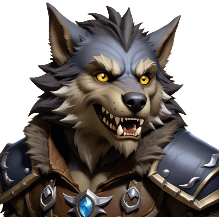 Cinematic Realistic WoW Worgen Portrait, head tilted dramatically with an exaggeratedly amused expression, blending ferocious beastliness with a touch of unexpected humor. His rugged fur, tanned skin, and worn leather garments are rendered with meticulous detail and dynamic lighting, high shine, dramatic yet whimsical, capturing the essence of a worgen whose epic might is tempered by a playful, irreverent charm. emoji