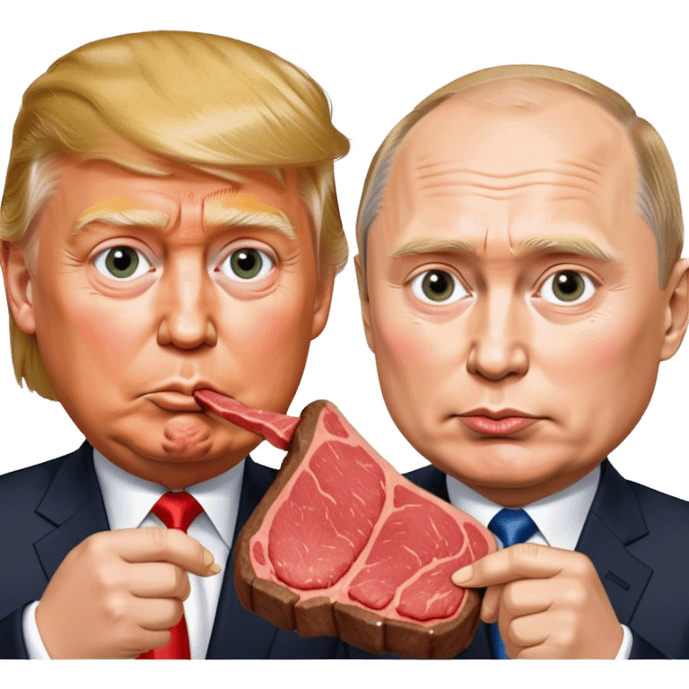 photorealistic Donald Trump and Putin eating a steak shaped like an piece of land emoji