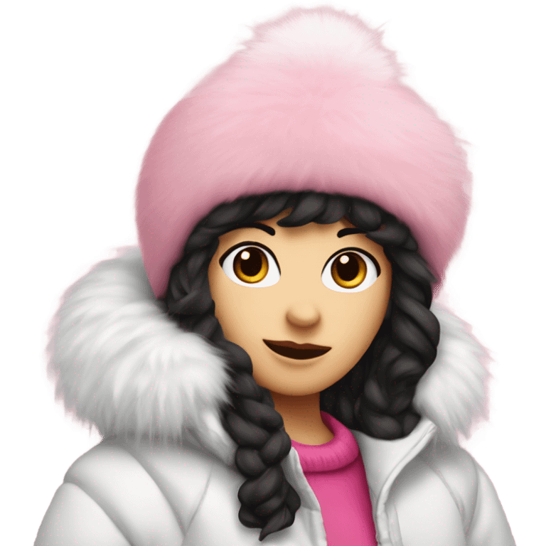 white girl wearing a pink furry hat with a puffy ball on top and with a big puffy white jacket on with black hair sticking out of it emoji