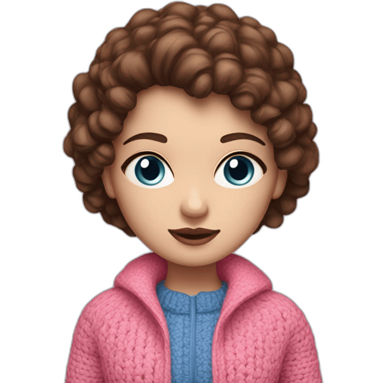 A girl with white skin, blue eyes, brown hair in a pink jacket, crochet emoji