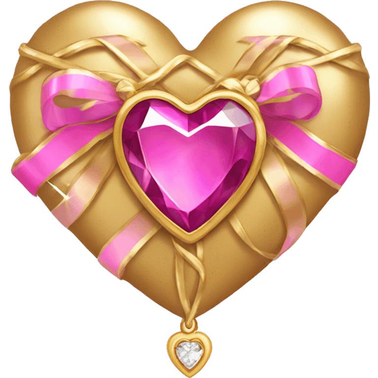 gold heart with pink gemstone and ribbons emoji