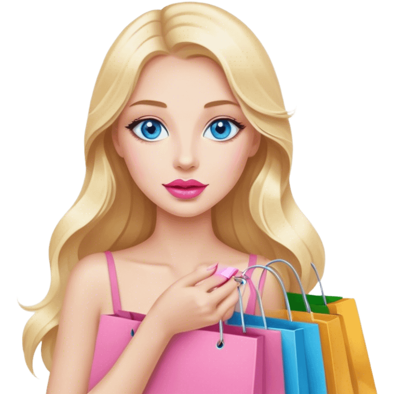 Cinematic realistic blonde with long hair, blue eyes and pink lips holds shopping bags in her hands emoji