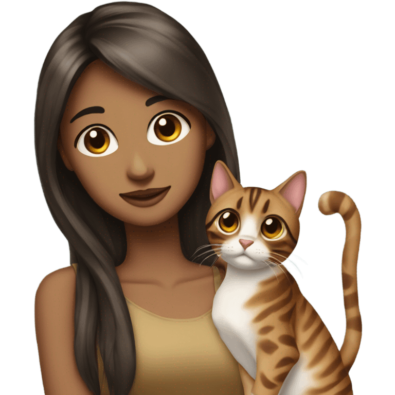 Beautiful woman long dark brown hair Straight bangs hug bengal cat emoji