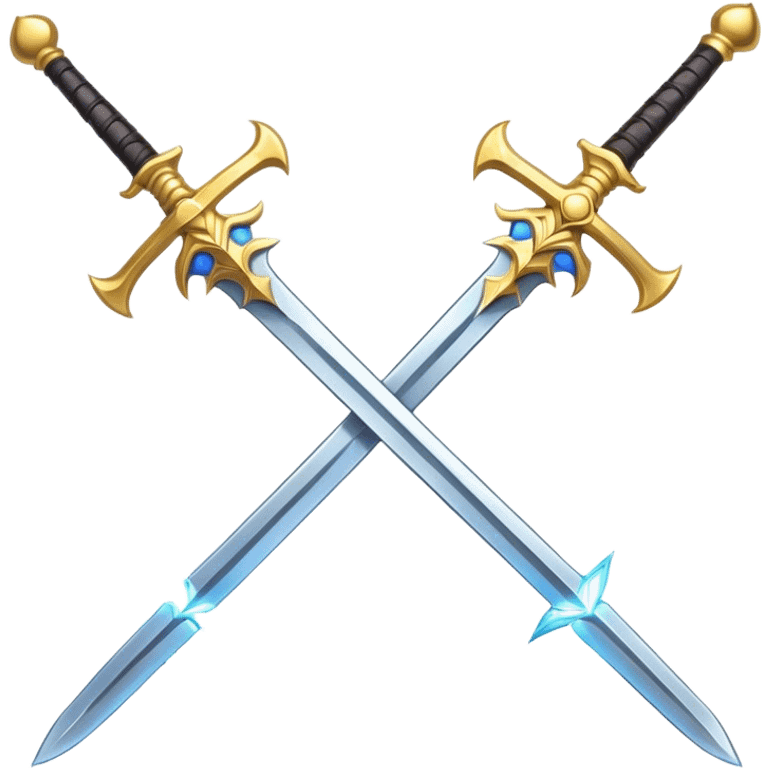 A sun burst over a set of crossed swords, but one sword is a magical staff  emoji