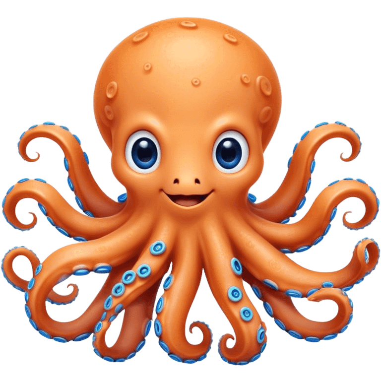 Cinematic Cute smiling Octopus Portrait Emoji, Head tilted playfully and inquisitively, featuring a rounded, light orange body embellished with playful blue rings, eight adorably curling arms, and big, twinkling eyes full of wonder, Simplified yet irresistibly adorable features, highly detailed, glowing with a warm, inviting underwater glow, high shine, affectionate and lively, stylized with a touch of whimsical cartoon charm, soft glowing outline, capturing the essence of a mischievous yet loving octopus that seems as if it could bob out of the screen into your arms! emoji