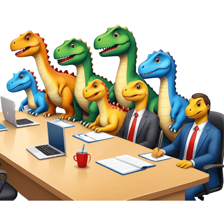 different office dinosaurs sitting along the conference table emoji