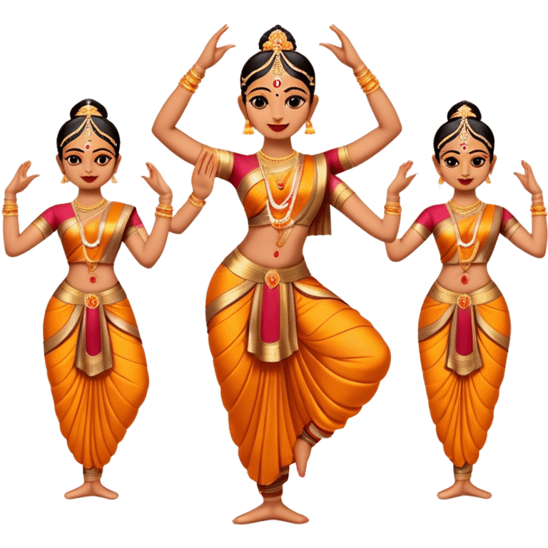 Cinematic Realistic Bharatanatyam Dance Emoji, depicted as an elegant classical Indian dance performance with graceful poses, intricate costumes, and expressive hand gestures, rendered with rich textures and warm dramatic lighting that captures its timeless beauty. emoji