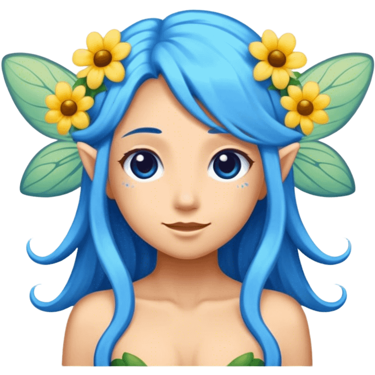 flower fairy, long blue hair, tan skin, emoji  emoji