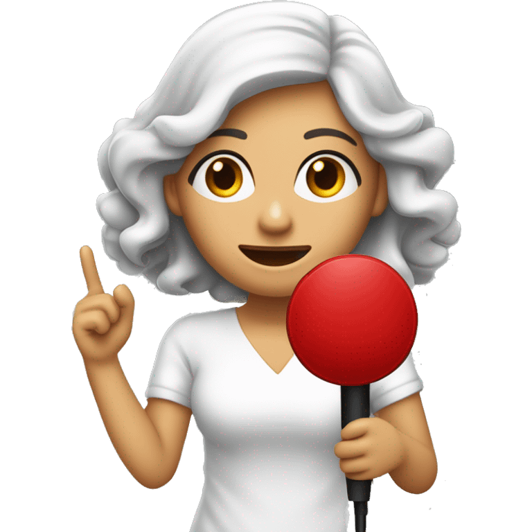 Mujer blanca de pelo rojo,lacio  y largo ,ojos Carmelitas cantando con micrófono en la mano emoji