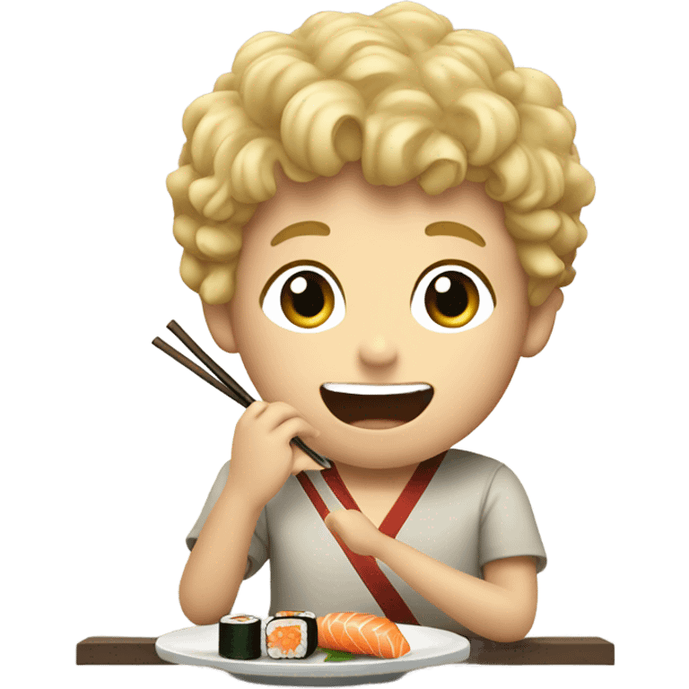 A blond boy with curly hair eating sushi emoji