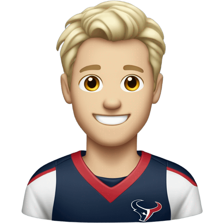 Skinny Caucasian male blonde combed over hair smiling wearing a Houston Texans polo emoji