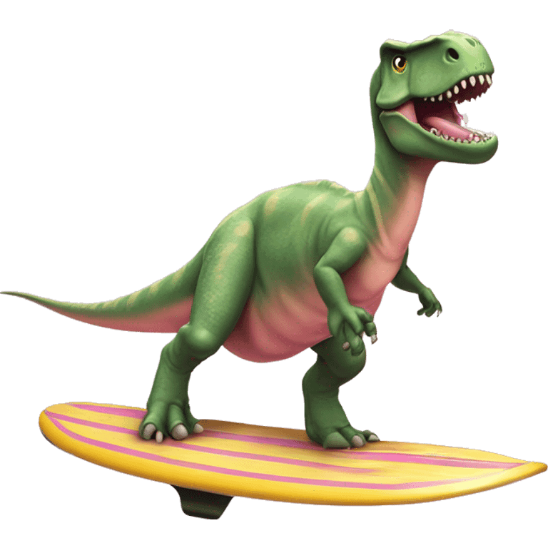 Dinosaurio con tutu rosa en una tabla dé surf emoji