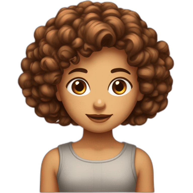 Fille cheveux bouclés foncés qui arrivent aux épaules front un peu grand yeux marron emoji