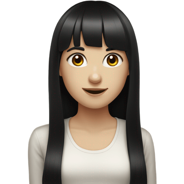 Pale girl with long black hair with bangs, happy,  emoji