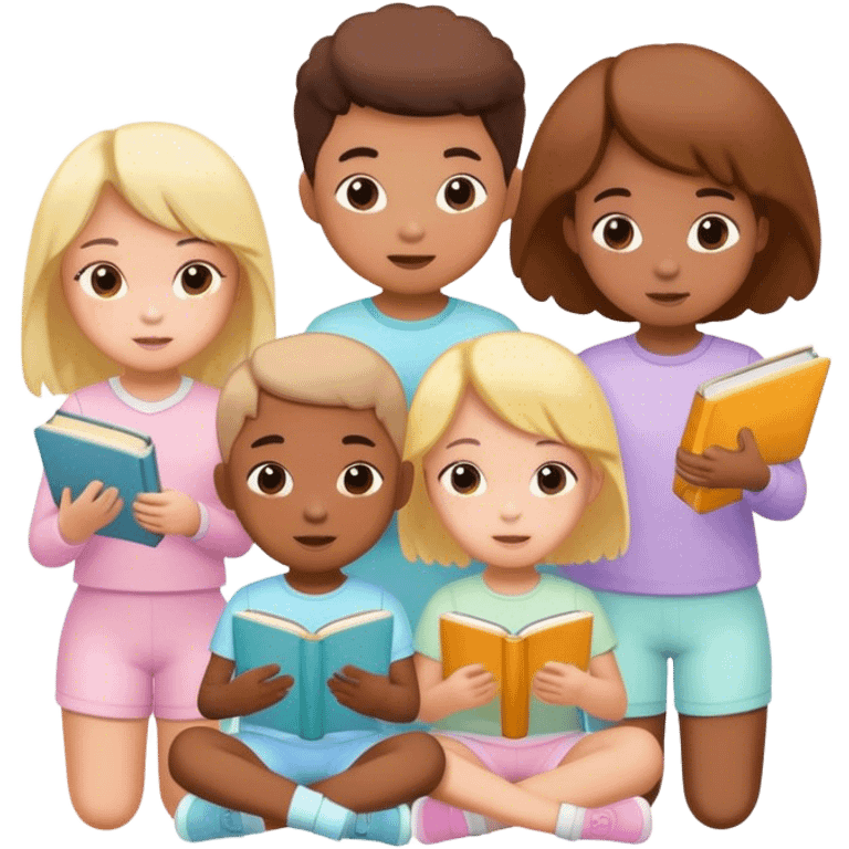 children in pastel clothes play with book emoji