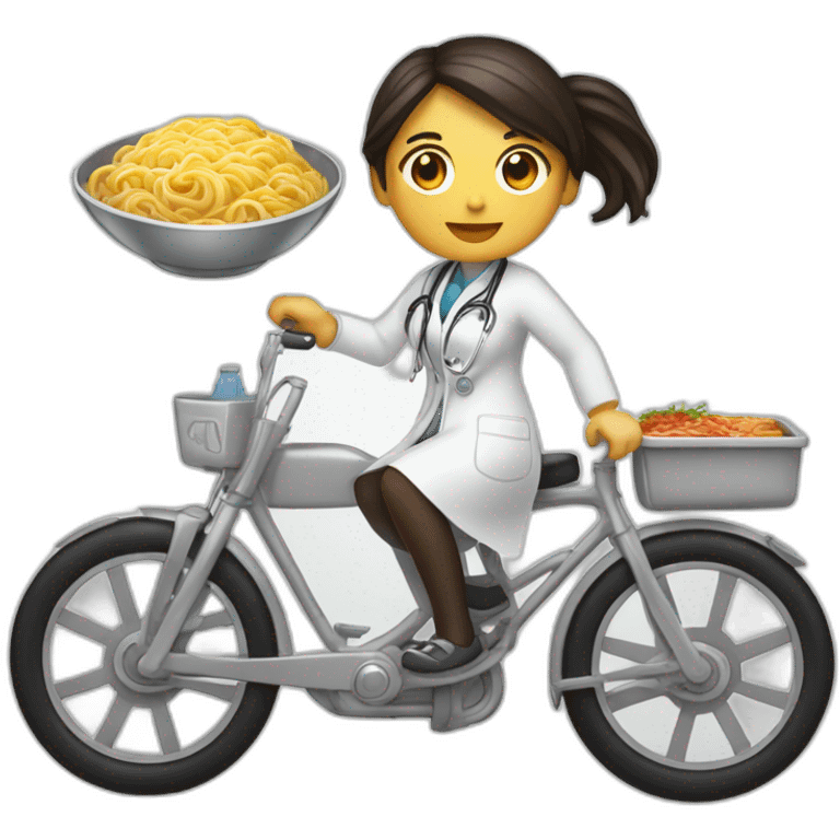 long and dark hair female doctor with a ramen bowl in her hand and riding a chrome bicycle emoji