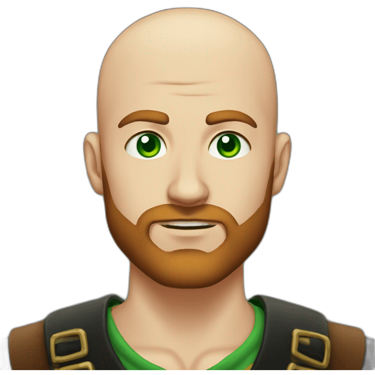 pirate look, 21 years old almost bald man with 1-day chestnut beard, green eyes, looking serious emoji