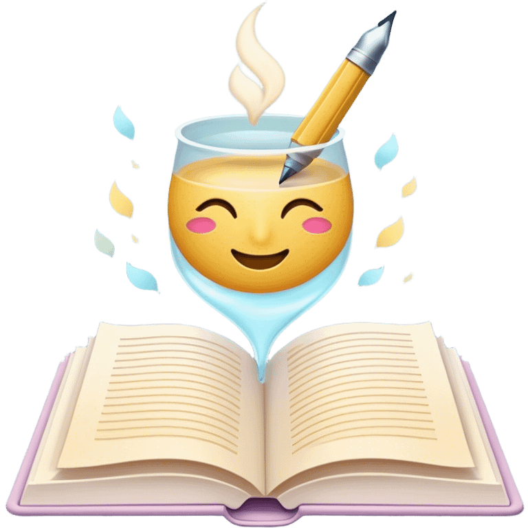 Create a whimsical and poetic emoji symbolizing poetry. The design should have several elegant pages floating smoothly in the air with short poetic columns written on them. Add a white pen resting gracefully on the pages and an inkwell. The overall color palette should include soft pastel tones, which will add airiness and dreaminess to the design. Make the background transparent emoji