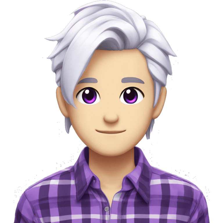 Anime boy with white hair and purple plaid shirt, purple eyes and earrings, emojis for twitch emoji