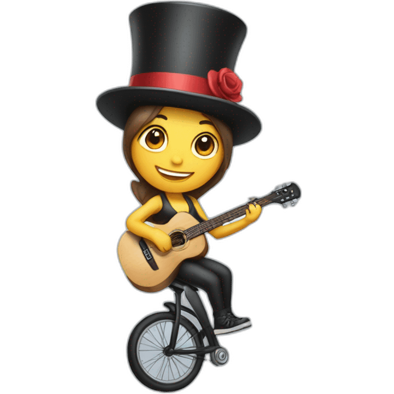 girl riding a unicycle while playing guitar and wearing a top hat emoji