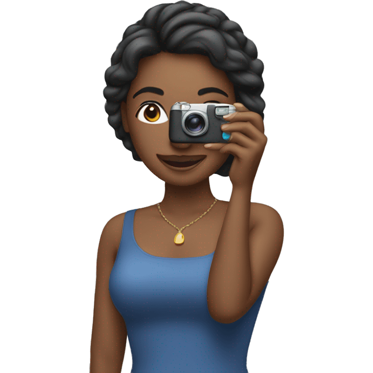 A woman taking pictures with an iPhone emoji