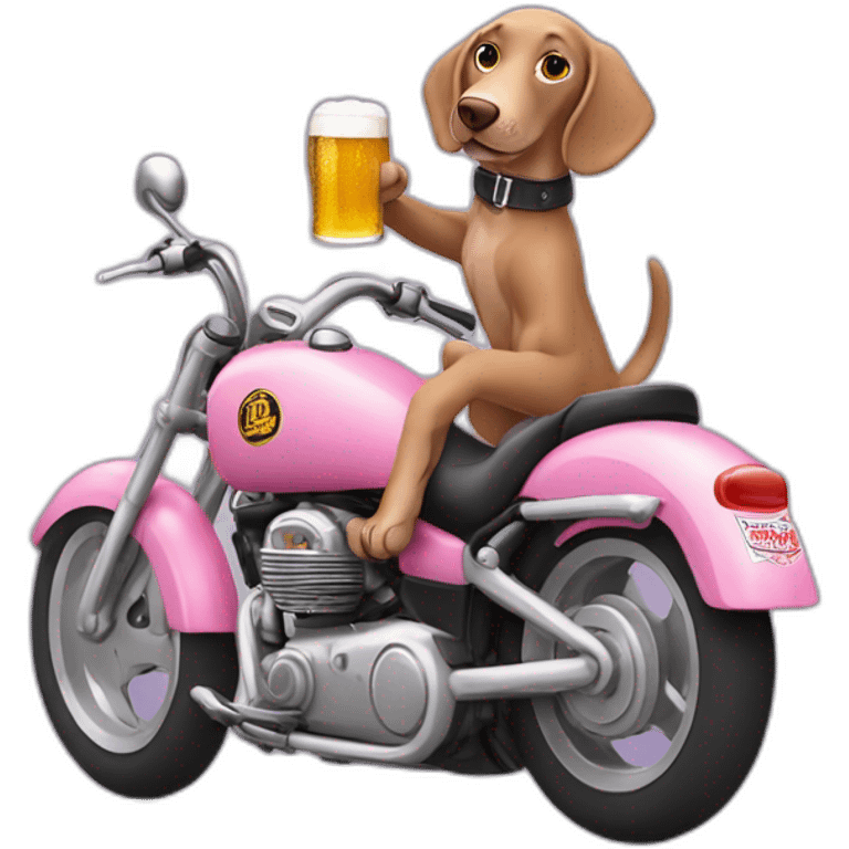 pink weimaraner drinking a beer while riding a motorcycle emoji